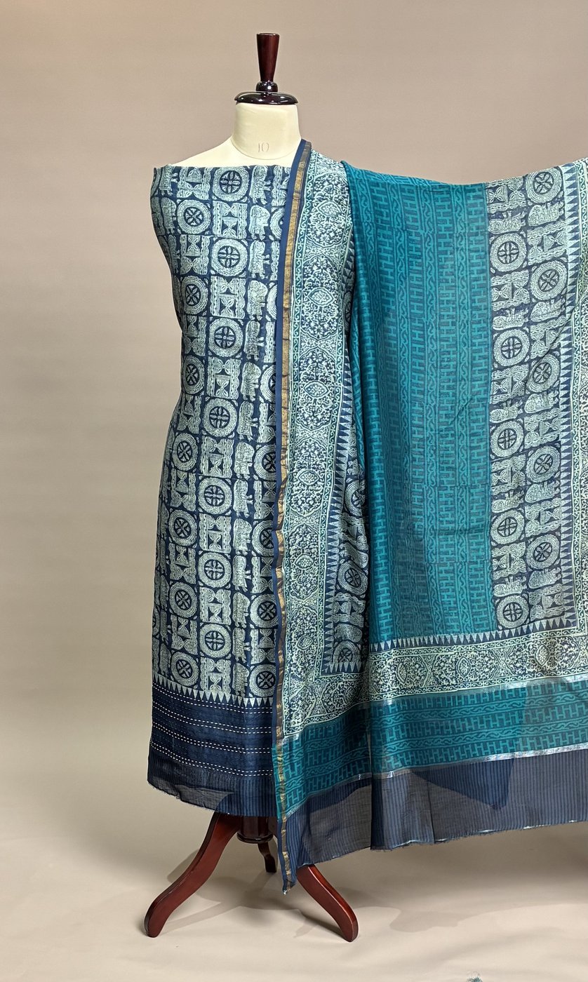 Maheshwari Suit Piece - Indigo Block Print