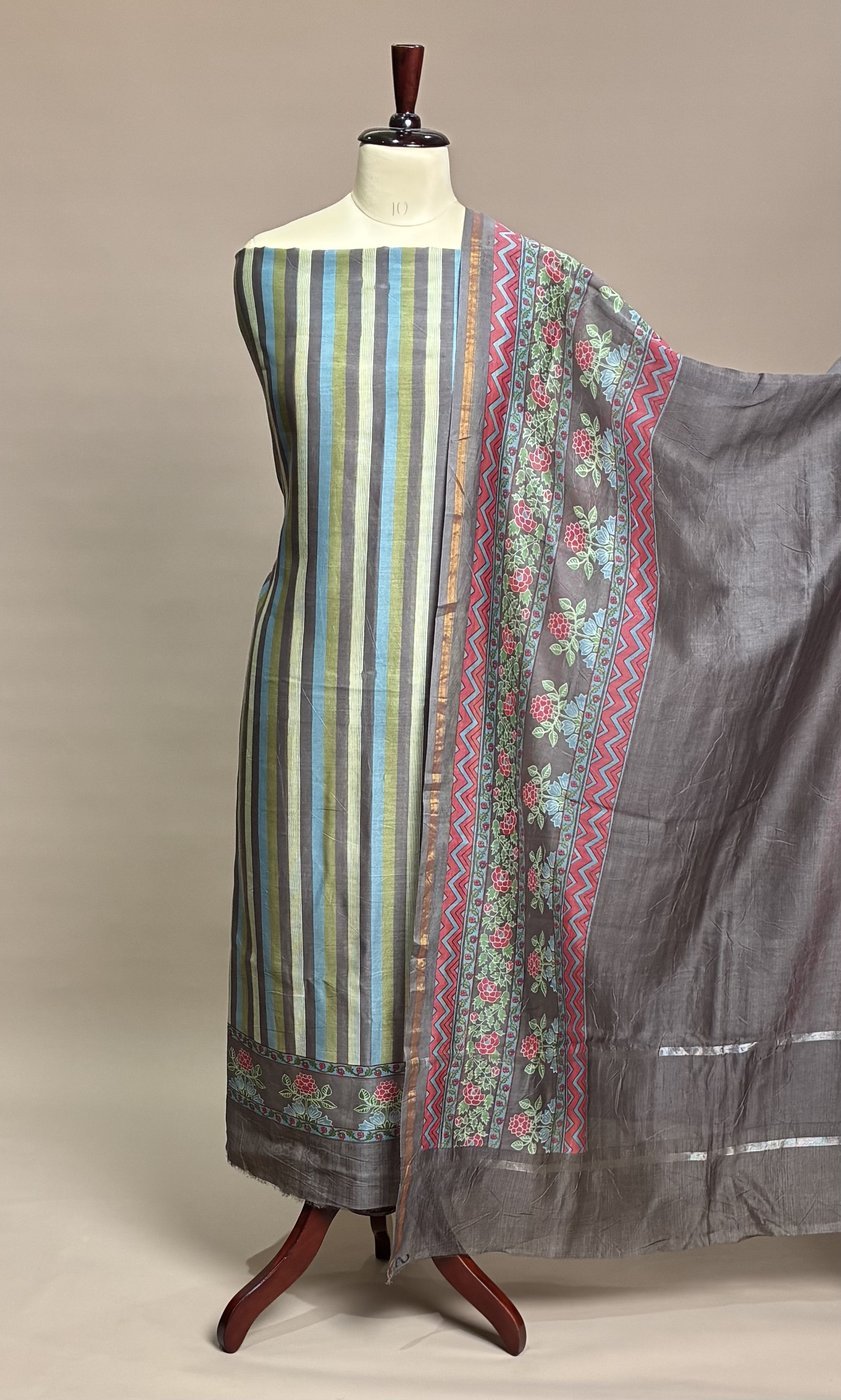 Maheshwari Suit Piece - Slate Grey Stripe