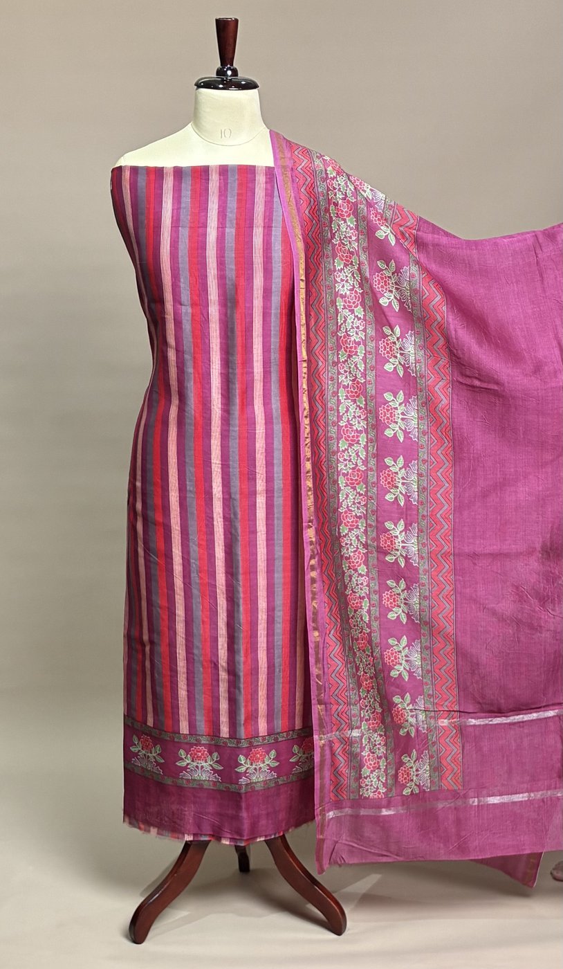 Maheshwari Suit Piece - Magenta Stripe