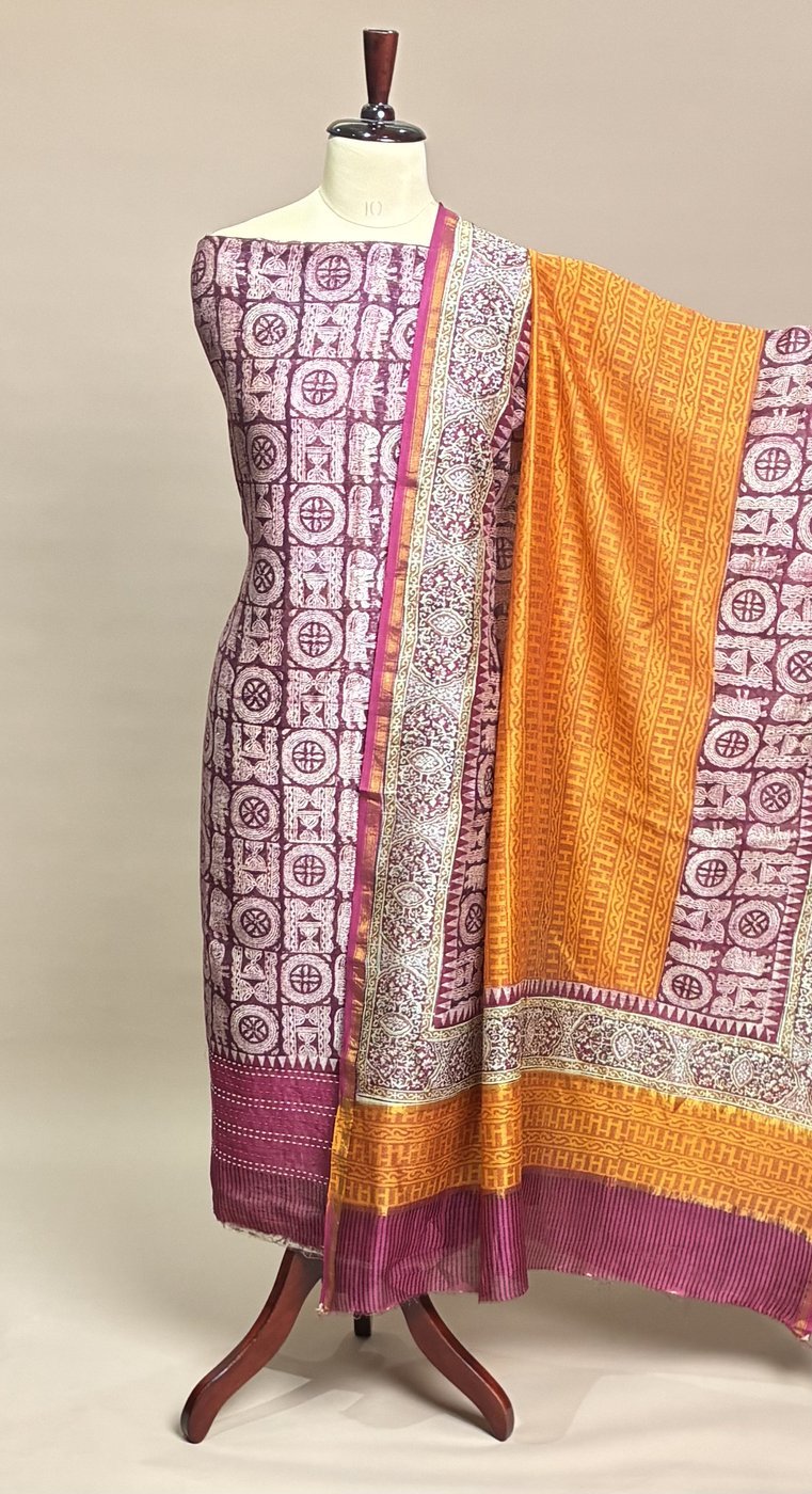 Maheshwari Suit Piece - Ivory and Marigold