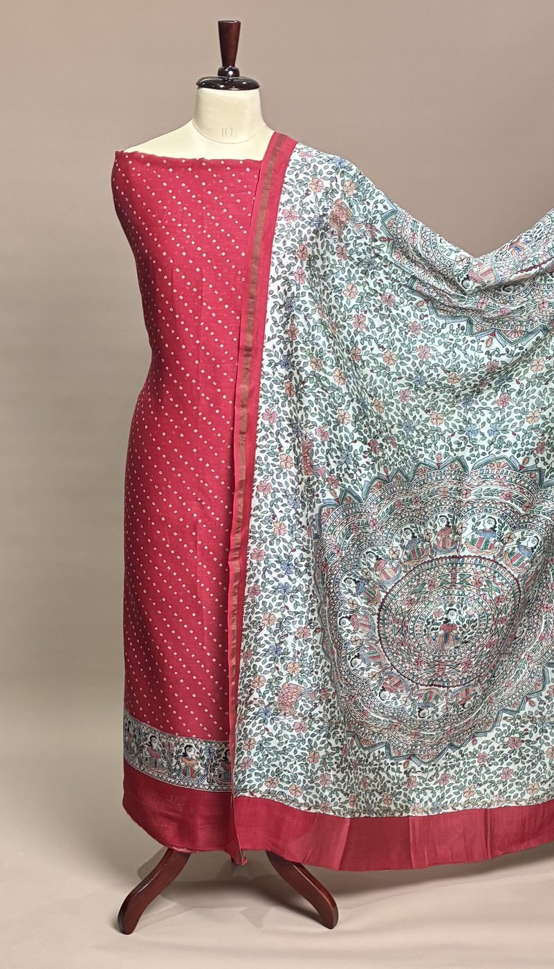 Maheshwari Suit Piece - Coral Red