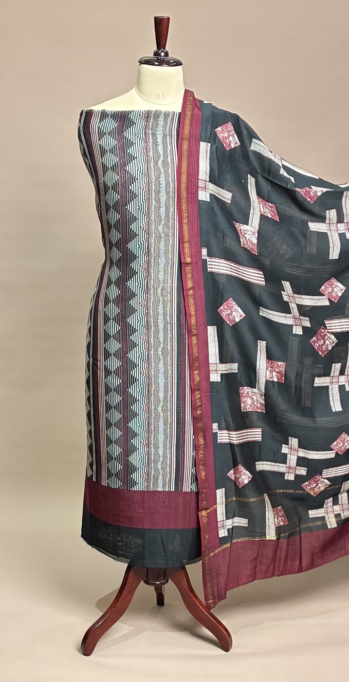 Maheshwari Suit Piece - Charcoal Geometric